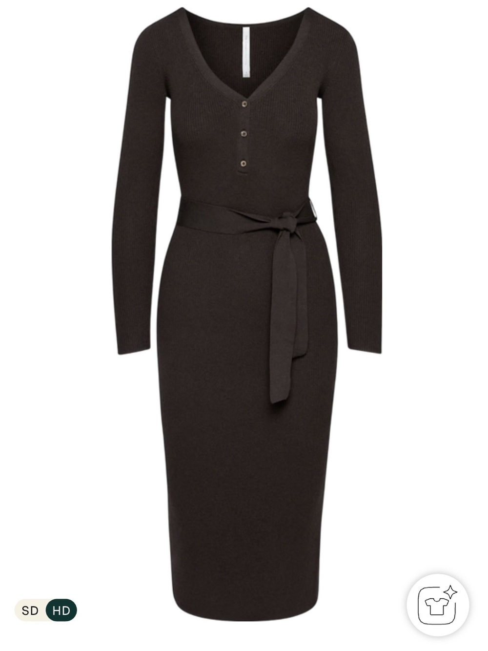 Aritzia Chocolate Brown Ribbed V-Neck Midi Dress with Tie Waist